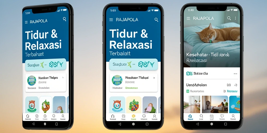 Screenshot aplikasi RAJAPOLA menampilkan fitur tidur dan relaksasi yang menarik.