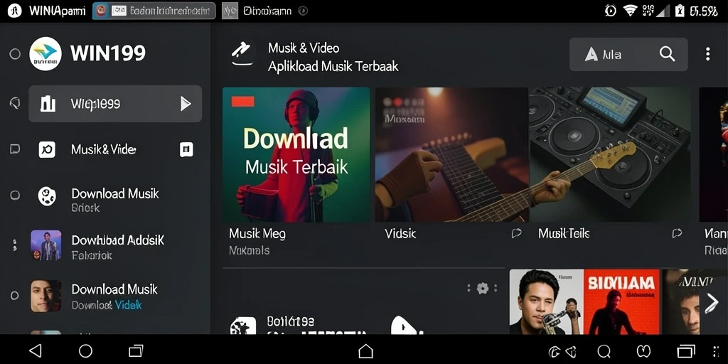 Screenshot WIN199 menunjukkan antarmuka pengguna yang sederhana dan fungsional untuk Download Musik.